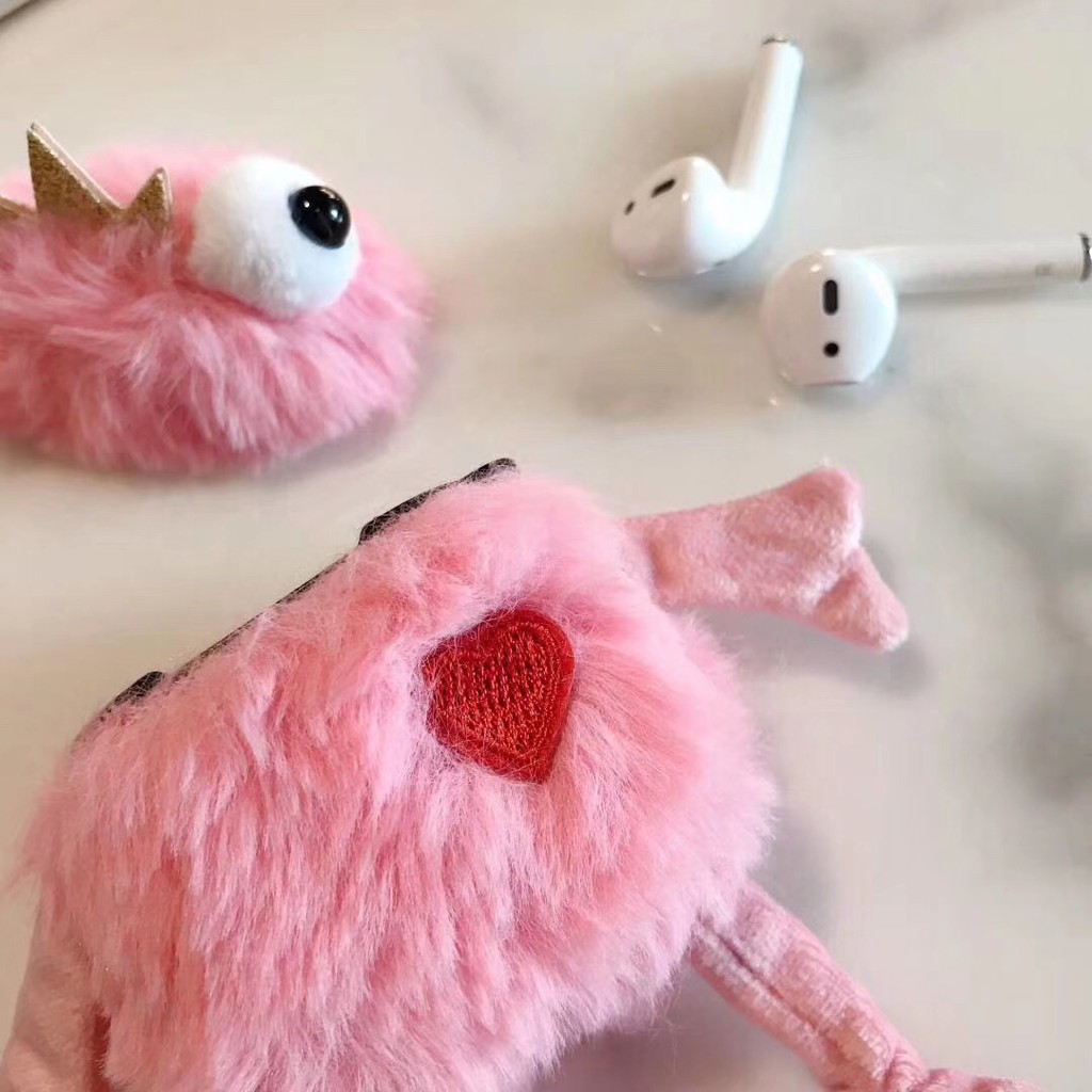 Vỏ bọc bảo vệ hộp sạc tai nghe AirPod bằng chất liệu lông nhung hình con ếch màu hồng dễ thương