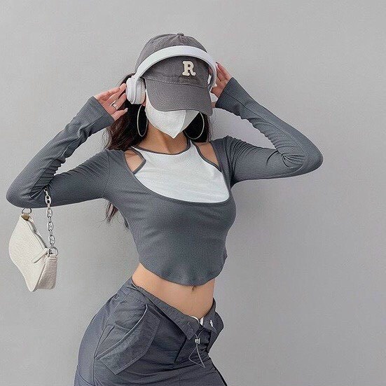 Áo thun nữ phối yếm dáng croptop chất thun gân kiểu tay dài