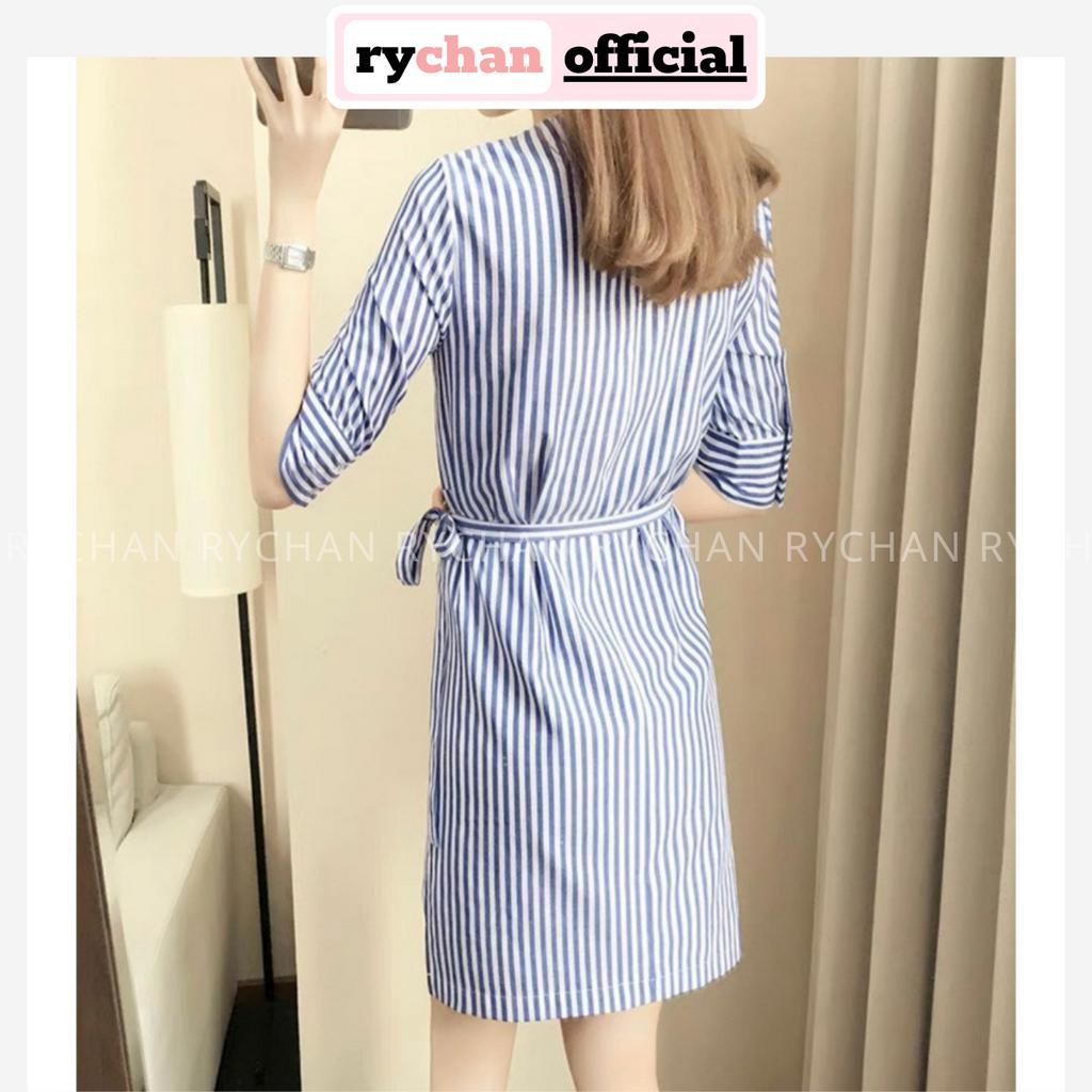[ẢNH THẬT CUỐI] Đầm Nữ Cổ V Đắp Ngực Lệch Tà Thắt Eo Thanh Lịch, Đầm Nữ Dạo Phố Form Ngắn Dáng Xòe Sọc Xanh - DX174