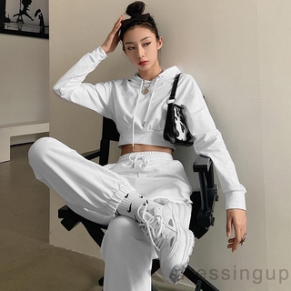 Bộ áo hoodie màu trơn + quần dài phong cách thời trang thể thao cho phái nữ