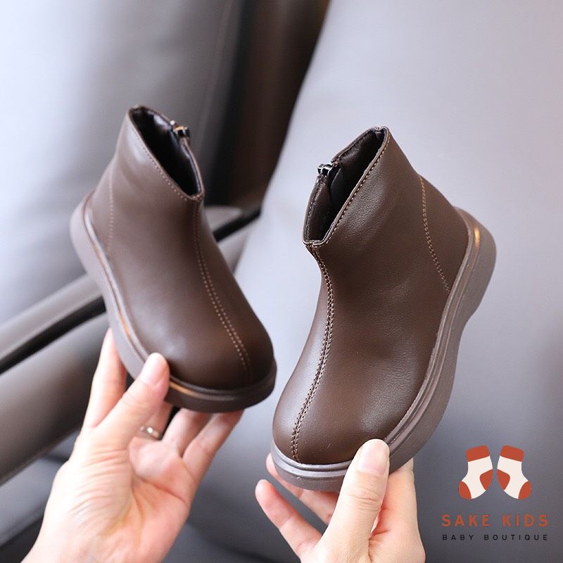 Bốt cao cổ cho bé trai bé gái, Giày bốt chất da trơn mềm khóa kéo cực chất phong cách Hàn Quốc đế chống trơn trượt M37