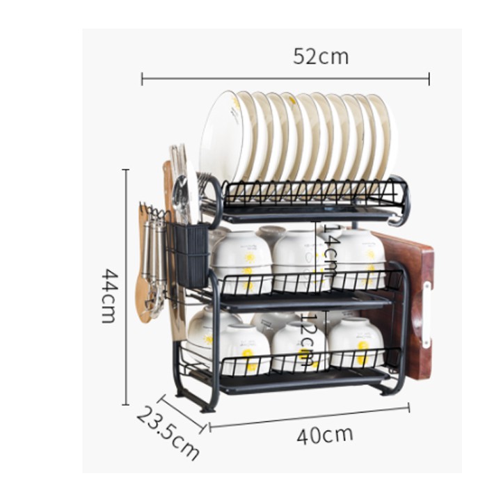 Kệ úp bát đĩa 3 tầng thép cacbon đen phủ nano chống gỉ 52x24x40cm Giá để chén bát đa năng