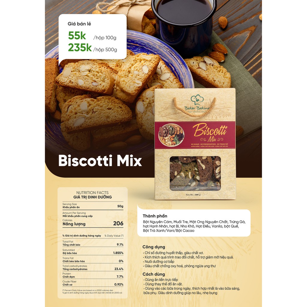 Bánh Biscotti Mix BakerBaking Eat clean Healthy, giảm cân 100g