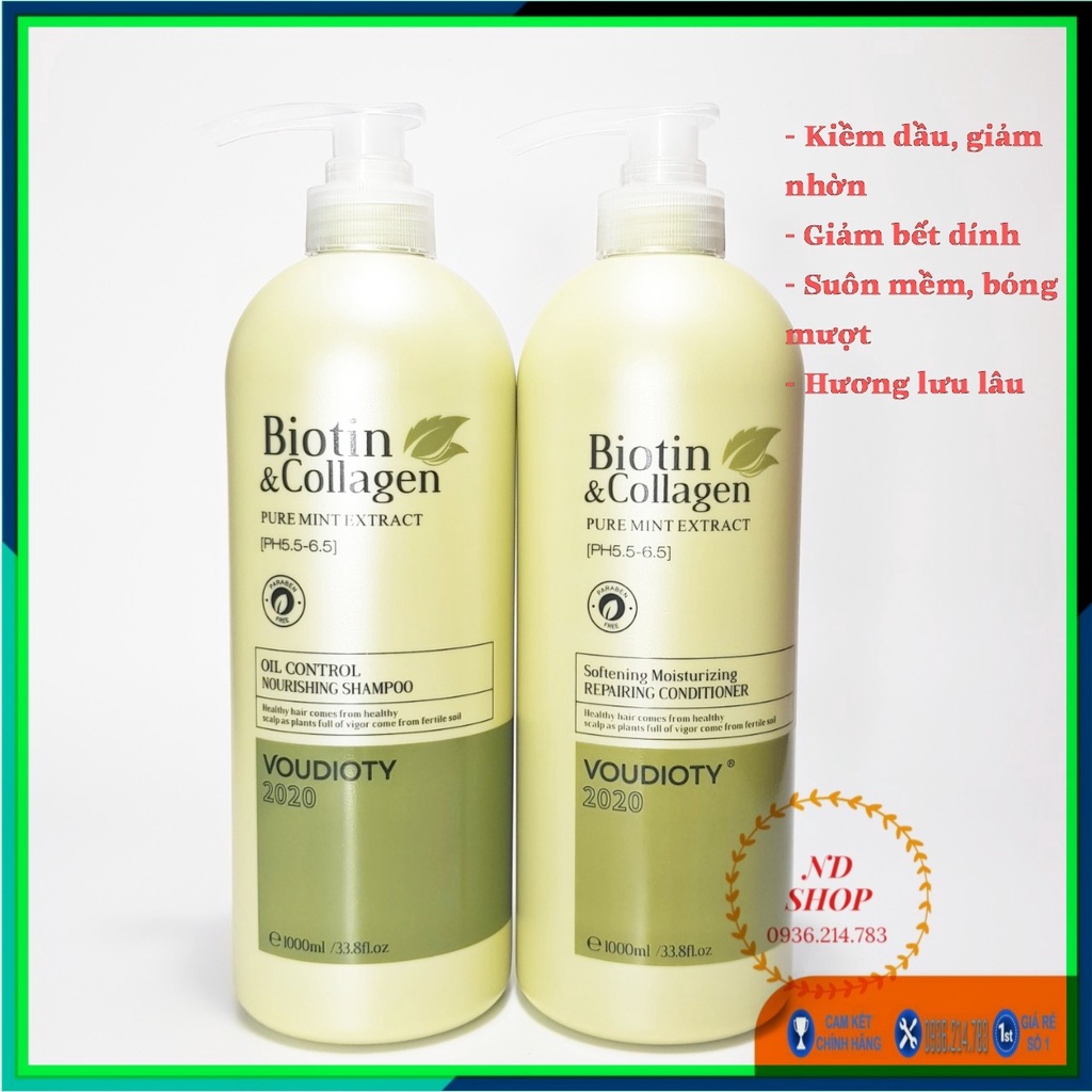 [CHÍNH HÃNG] CẶP DẦU GỘI XẢ BIOTIN COLLAGEN VOUDIOTY XANH LÁ 1000ML, BIOTIN COLLAGEN, KIỀM DẦU, GIẢM BẾT DÍNH