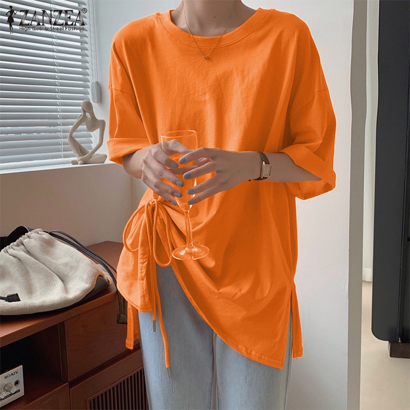 Áo tay lửng ZANZEA rút dây màu trơn cổ điển thời trang cho nữ