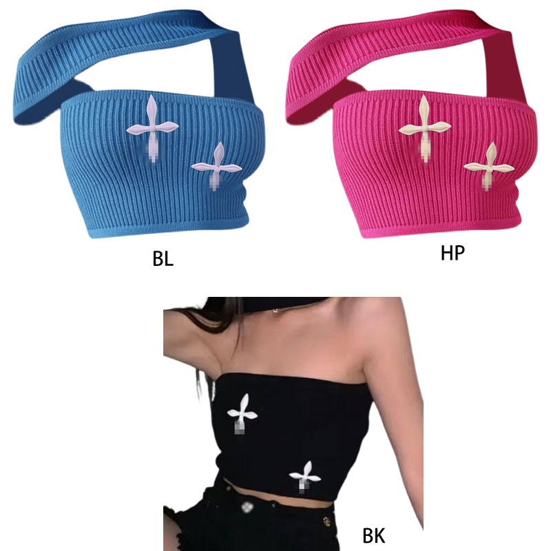 Brroa Áo Ống Croptop Dệt Kim Hở Vai Có Gân Hở Vai In Họa Tiết Chéo Quyến Rũ Cho Nữ