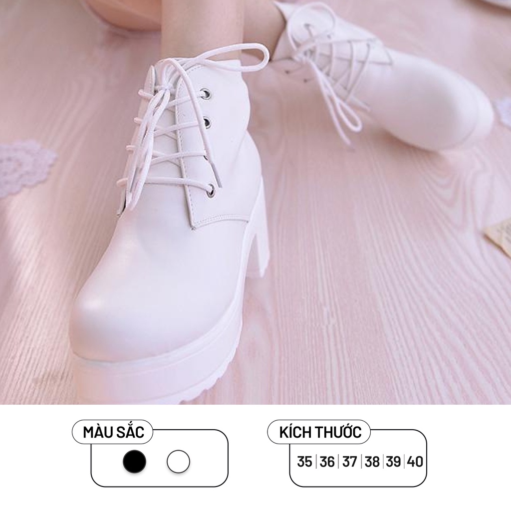 Giày Bốt Martin Nữ Ulzzang, Giày Da Cao Gót Cột Dây Đế Vuông 7cm Phong Cách Hàn Quốc, Vintage - Iclassy_shoes