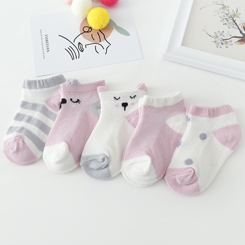 Set 5 đôi tất lưới KIDS hình thú mềm mịn, tất lưới vải cotton cho bé 0-2 tuổi thoáng khí thấm hút tốt Bunakids PK45