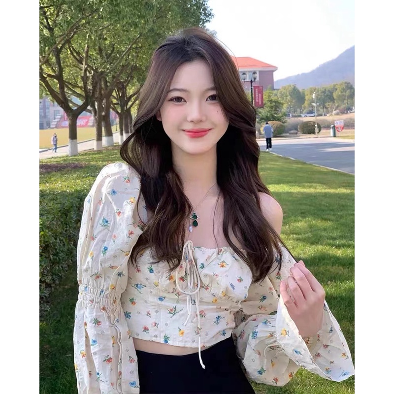 QKOOLE Áo kiểu cổ vuông họa tiết hoa phong cách Hàn Quốc xinh xắn dành cho nữ