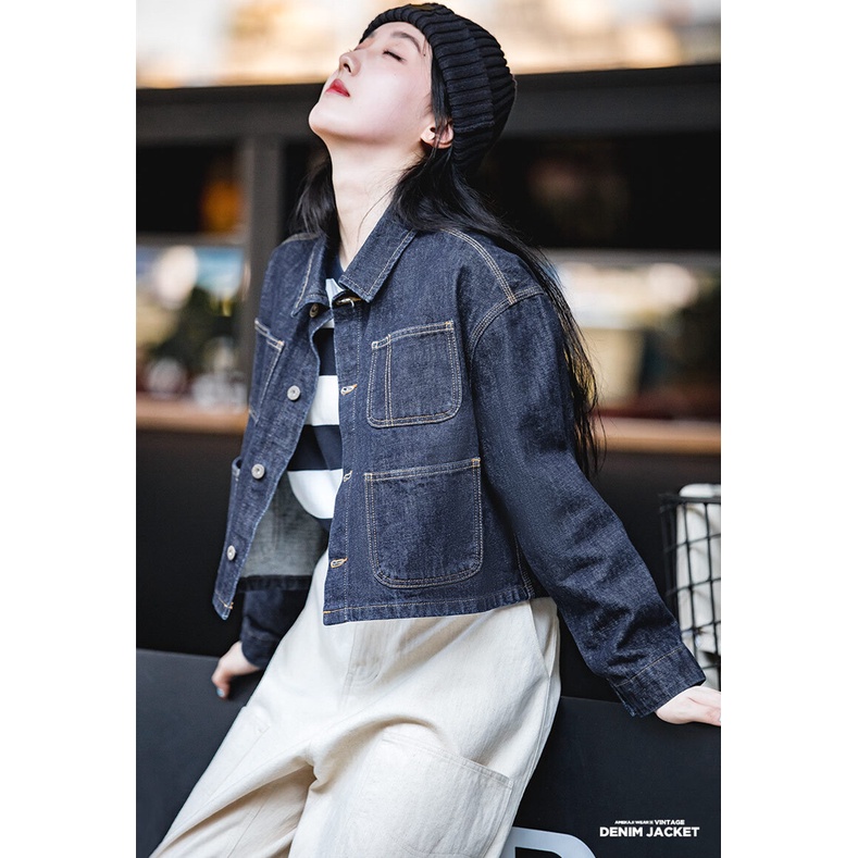 Áo khoác denim MADEN ngắn dáng rộng màu xanh dương đậm phong cách đường phố Mỹ thời trang mùa đông 2022