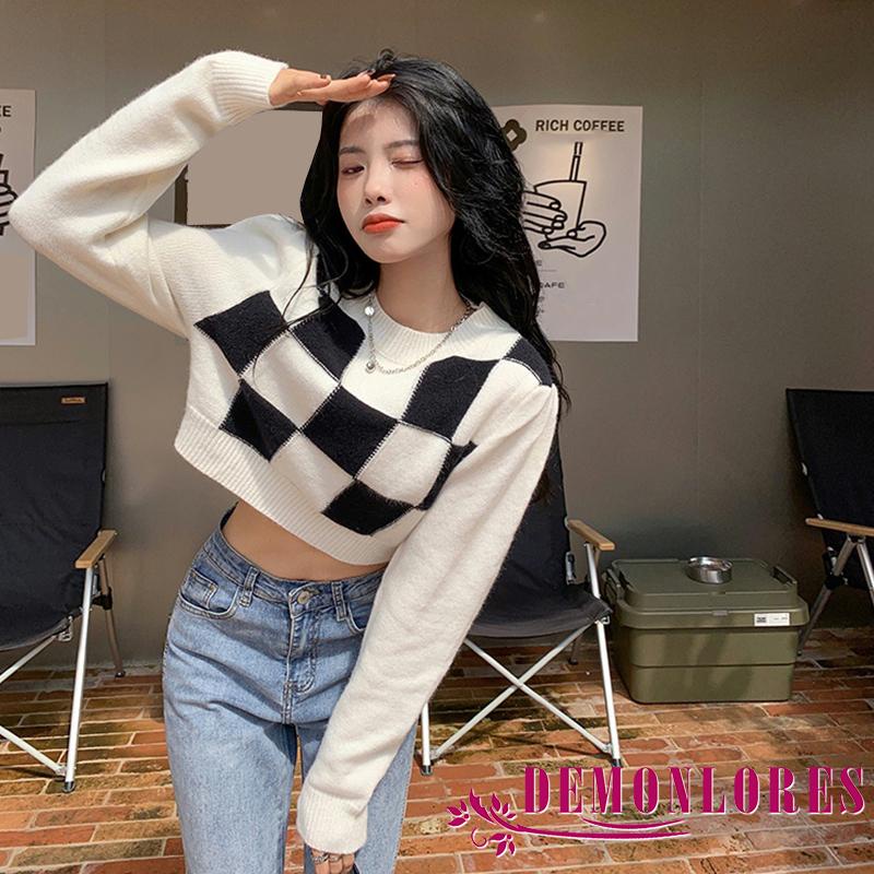 Áo croptop chui đầu tay dài cổ tròn họa tiết kẻ sọc caro thời trang cho nữ