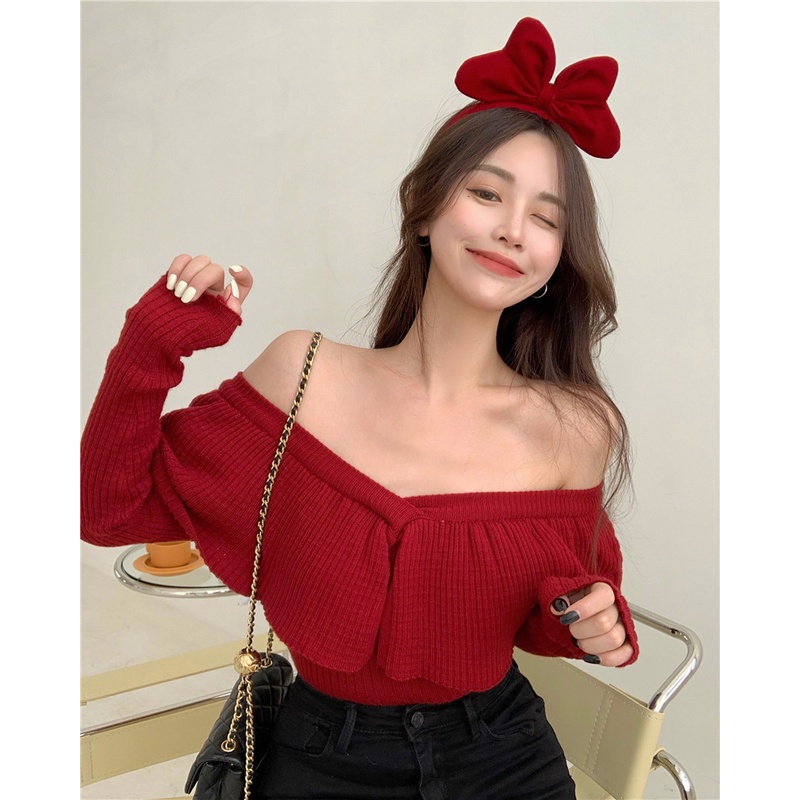 QKOOLE  Áo dệt kim cổ chữ V viền bèo nhún điệu đà phong cách Hàn Quốc