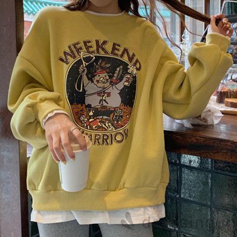 Áo thun tay dài cổ tròn dáng rộng in chữ thời trang mùa thu cho nữ