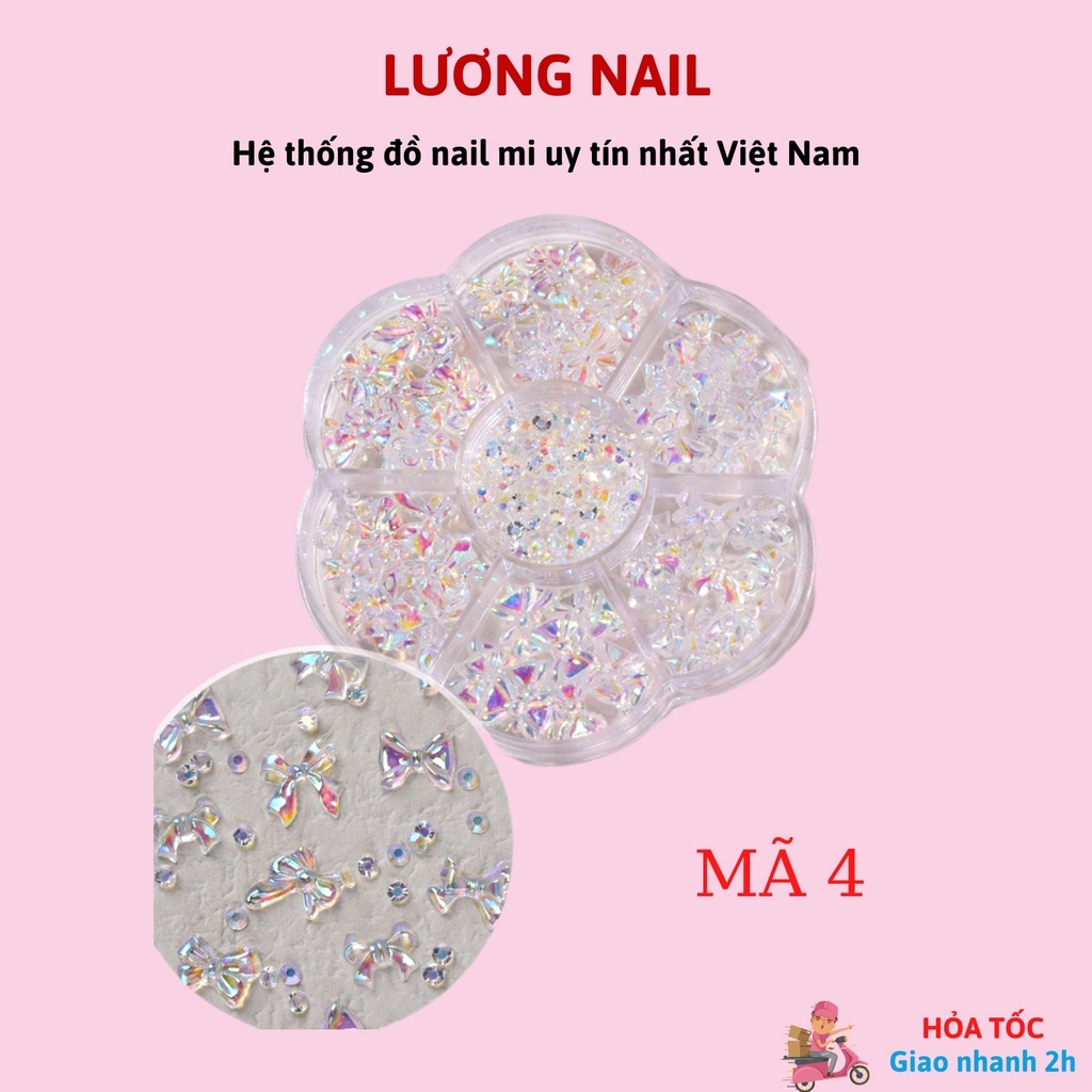 Charm nơ mix màu/hoa sứ/hoa hồng/charm gấu kẹo mút/bướm nhún/bi sắt/xà cừ/đá trắng phụ kiện nail