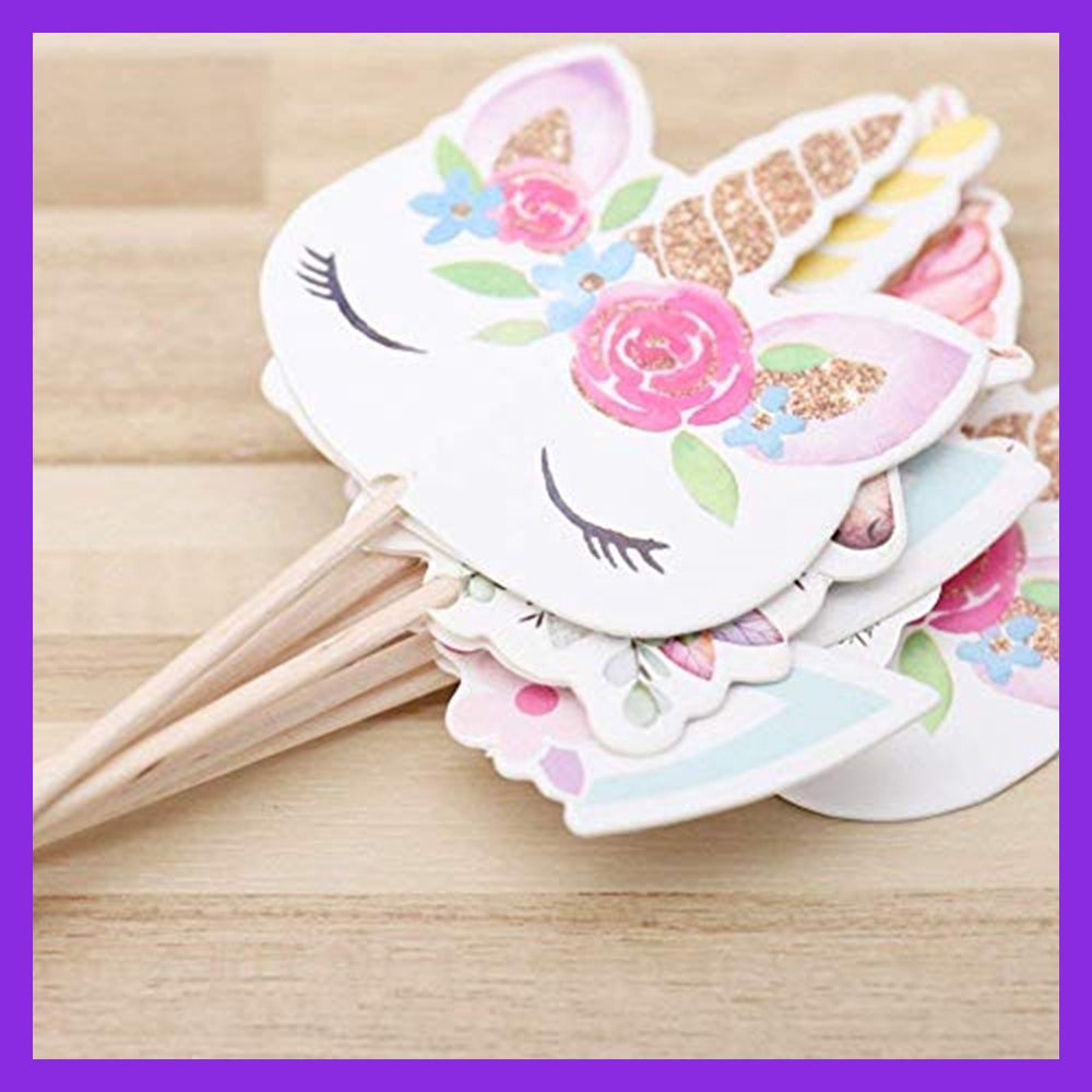 Set 48 que cắm in hình kỳ lân và cầu vồng dùng trang trí bánh cupcake