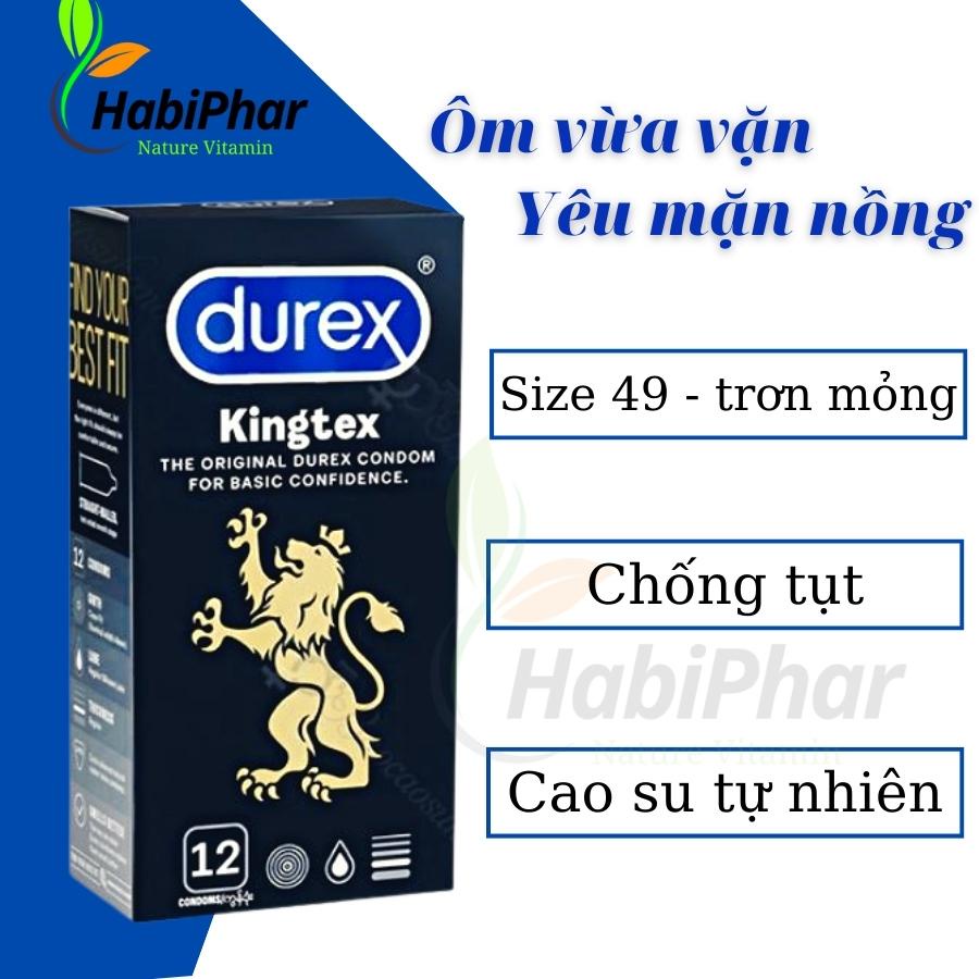 Bao cao su ôm sát siêu mỏng Durex Kingtex size 49mm hộp 12 chiếc, Bcs cỡ nhỏ chống tụt - Habiphar