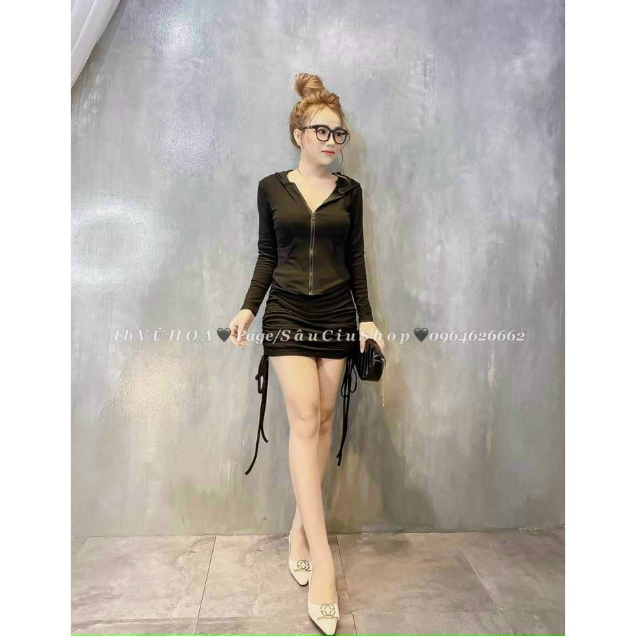 Set chân váy rút dây 2 bên kèm áo tay dài kiểu áo khoác xinh