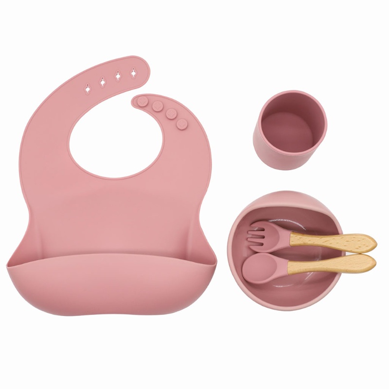 Bộ 5 Dụng Cụ Tập Ăn Gồm Bát / Muỗng / Nĩa Bằng Silicone Có Giác Hút Dành Cho Bé