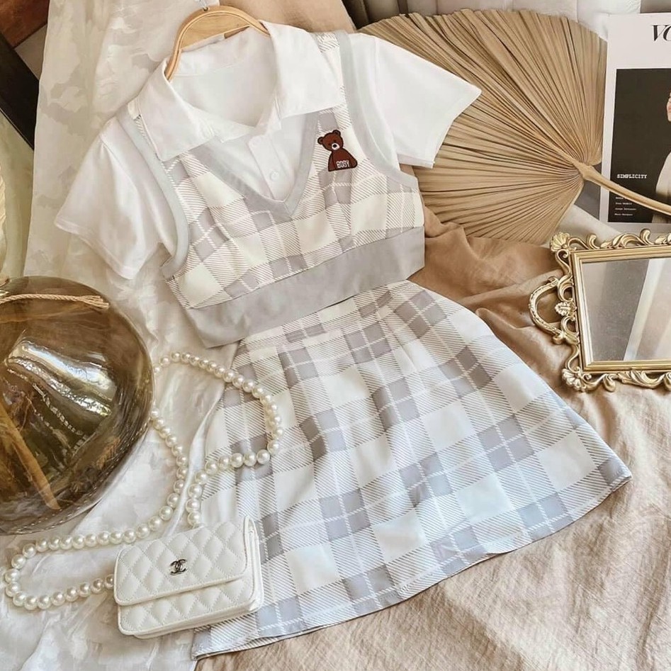 Set áo 3 món xinh xắn 💖FREESHIP💖 áo polo kèm áo gile mix chân váy chữ A AD99 SUNNY | BigBuy360 - bigbuy360.vn