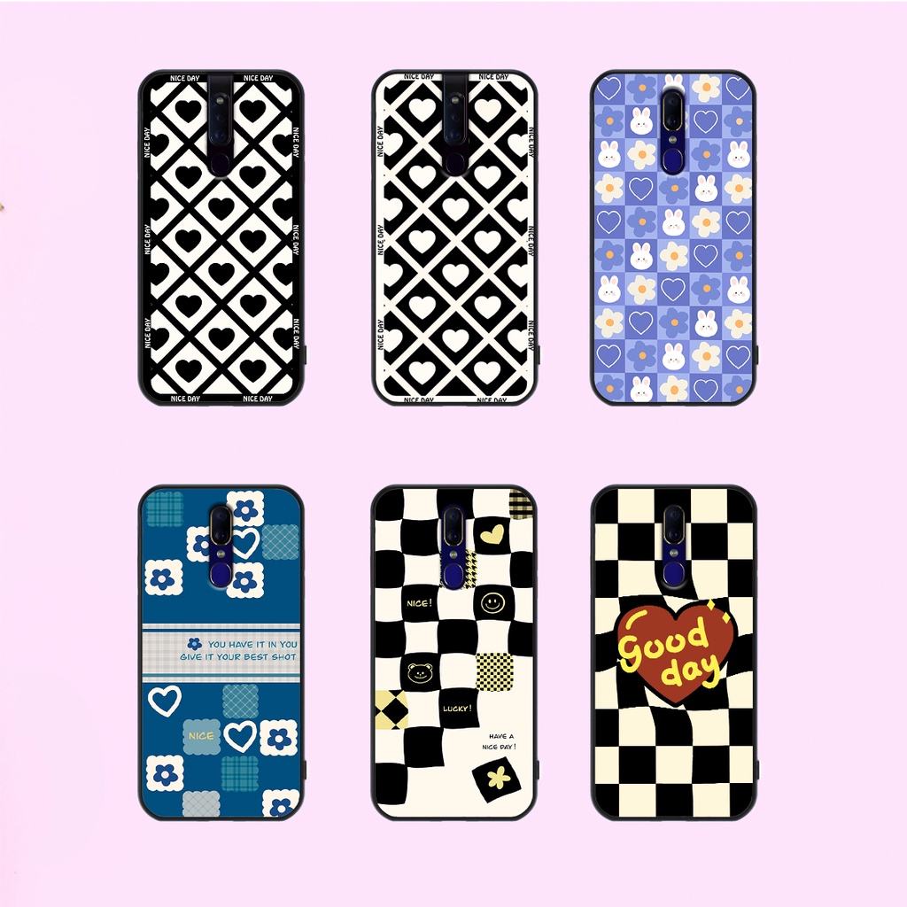 Ốp lưng Oppo F11 / Oppo F11 Pro in hoạ tiết caro trái tim đen trắng, gấu bear cute đáng yêu