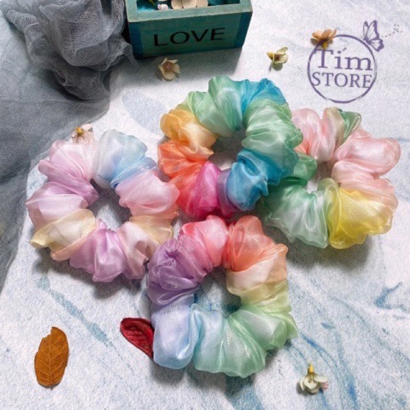 Dây cột tóc vải scrunchies cầu vồng 2 lớp TÍM STORE phụ kiện tóc nữ xinh phong cách hàn quốc