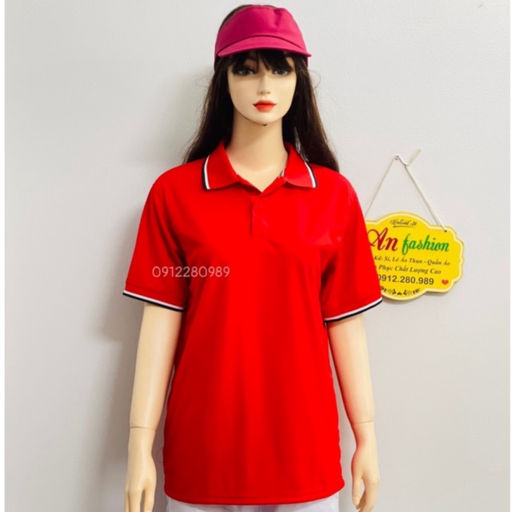 Áo thun có cổ nam nữ màu đỏ thời trang vải cá sấu mè nhẹ mát _ Hình chụp thật