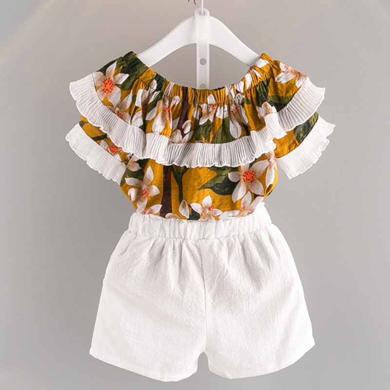 BEAR LEADER Bộ Áo Tay Ngắn Họa Tiết Hoa + Quần Ngắn Màu Trắng Thời Trang Mùa Hè Xinh Xắn Cho Bé Gái