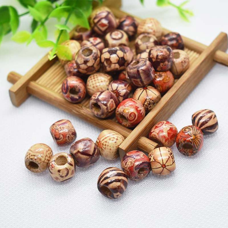 Bộ 100 hạt gỗ xỏ lỗ nhiều họa tiết kích thước 9x10mm dùng làm trang sức DIY