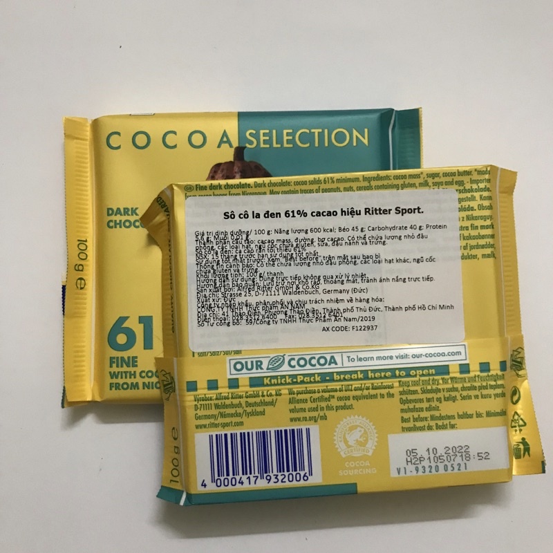 Socola Đen Ritter Sport 61% Cacao Thanh 100g