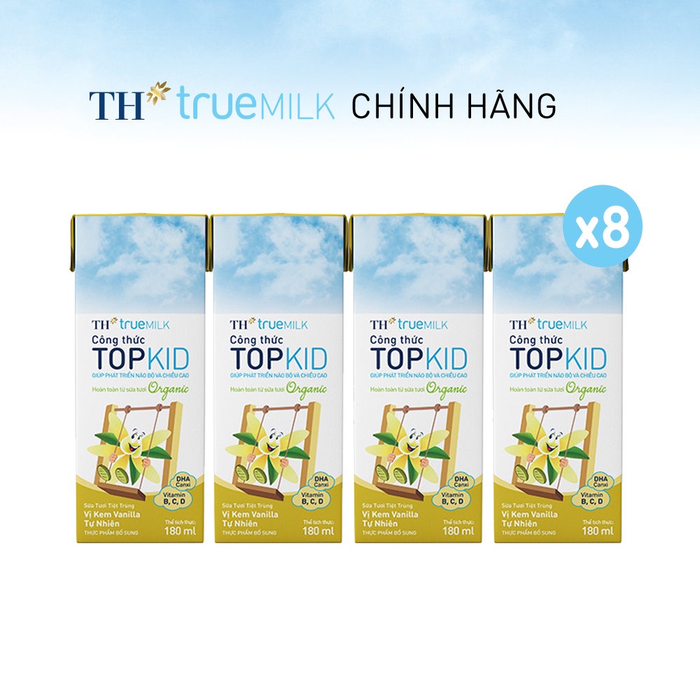 8 Lốc sữa tươi tiệt trùng TOPKID kem vanilla tự nhiên TH True Milk 180ml (180ml x 4 hộp)