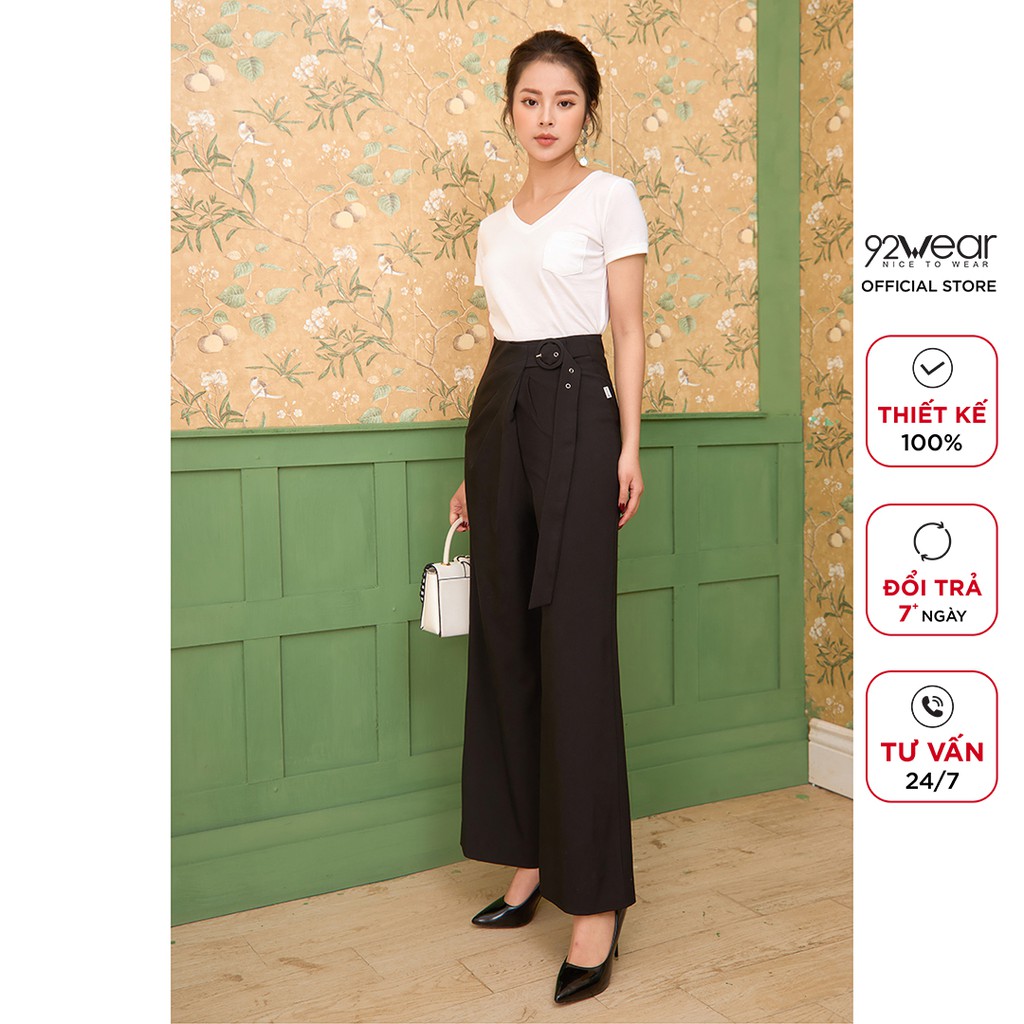 Quần tây nữ 92WEAR quần âu ống rộng đai liền xếp ly công sở QAA1303