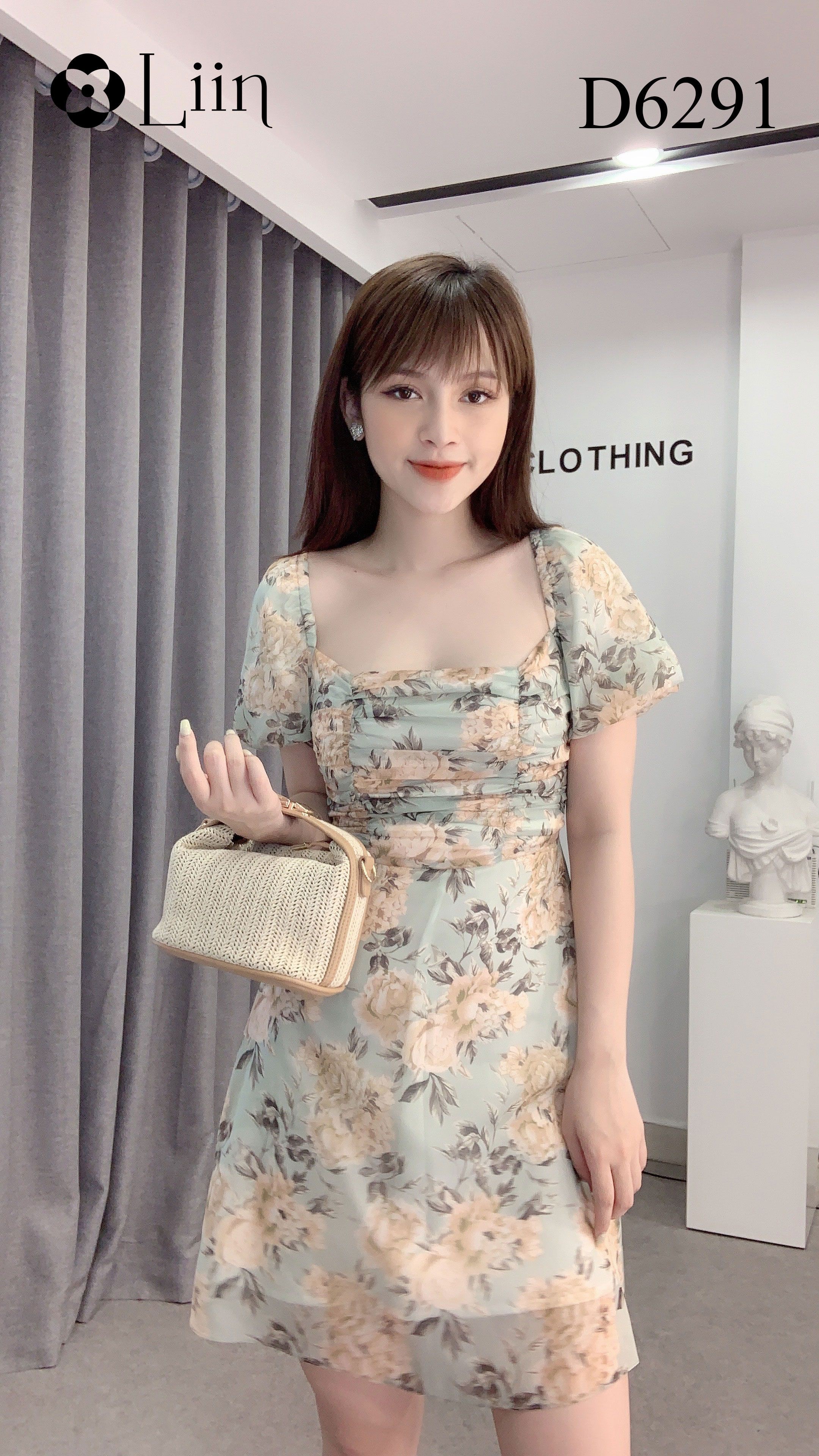 Đầm ôm nữ Linbi họa tiết hoa xanh, vai bồng xinh xắn liin clothing D6291 | BigBuy360 - bigbuy360.vn