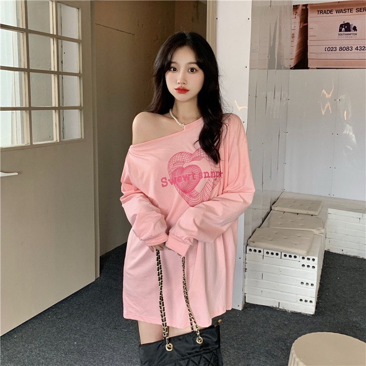 Áo thun dài tay trễ vai in họa tiết phong cách Hàn Quốc thời trang dành cho nữ | BigBuy360 - bigbuy360.vn