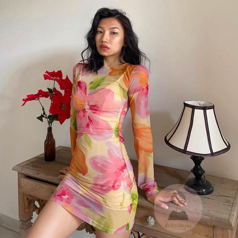 Đầm Ngắn Cổ Tròn Tay Dài Eo Cao Xuyên Thấu In Họa Tiết Hoa Cho Nữ