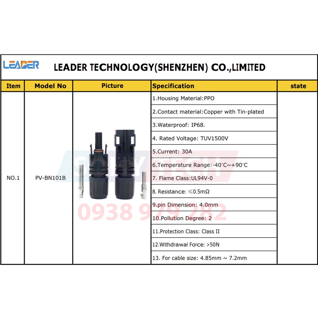 Đầu nối MC4 LEADER 1500V kết nối tấm pin NLMT chất lượng cao