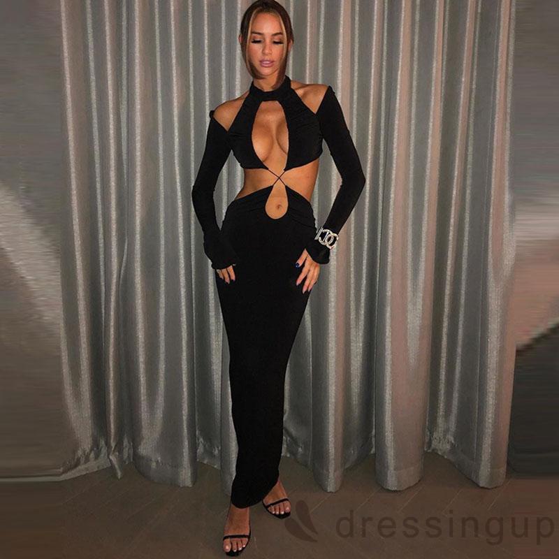 DRE-Women Cut Out Dress, Long Sleeve Halter Neck Solid Color Hollow Pleated Slim Fit Dress