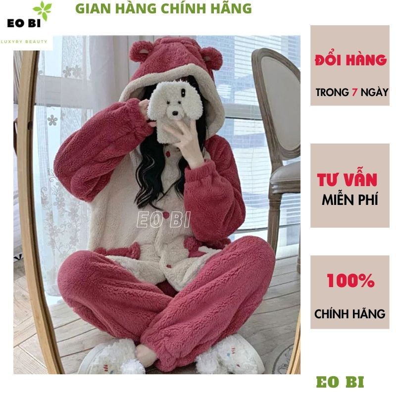 Bộ ngủ lông gấu phối đỏ mận siêu kute dễ thương ulzzang ,bộ đồ mặc nhà xinh sắn ấm áp mùa đông - EOBI