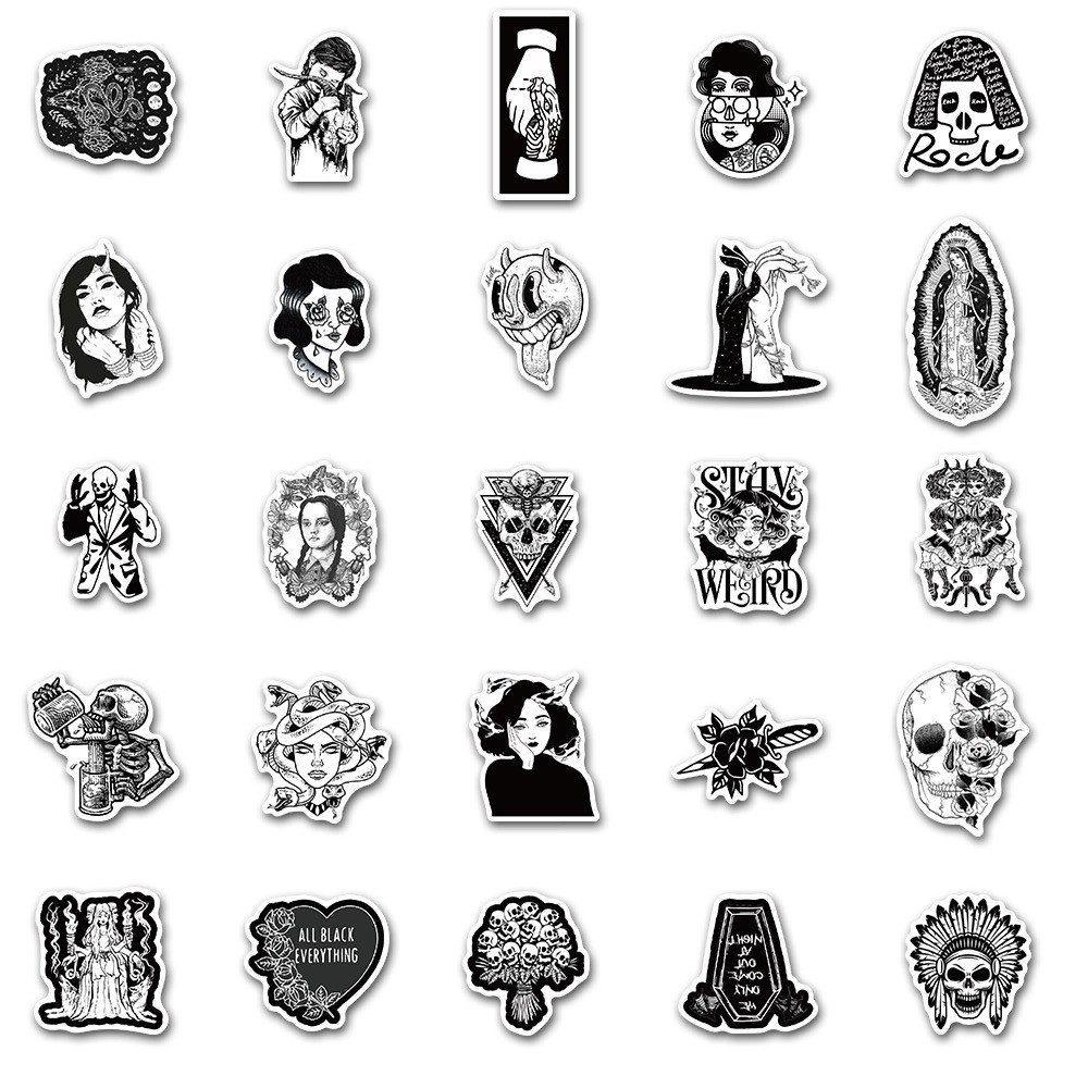 100 / 50 / 25 / 10 Miếng dán graffiti màu trắng đen phong cách gothic trang trí vali / ván trượt chống nước