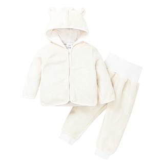 Bộ áo khoác liền quần hai mảnh lót lông cừu dày dặn in hình gấu hoạt hình dễ thương thời trang thu đông cho bé