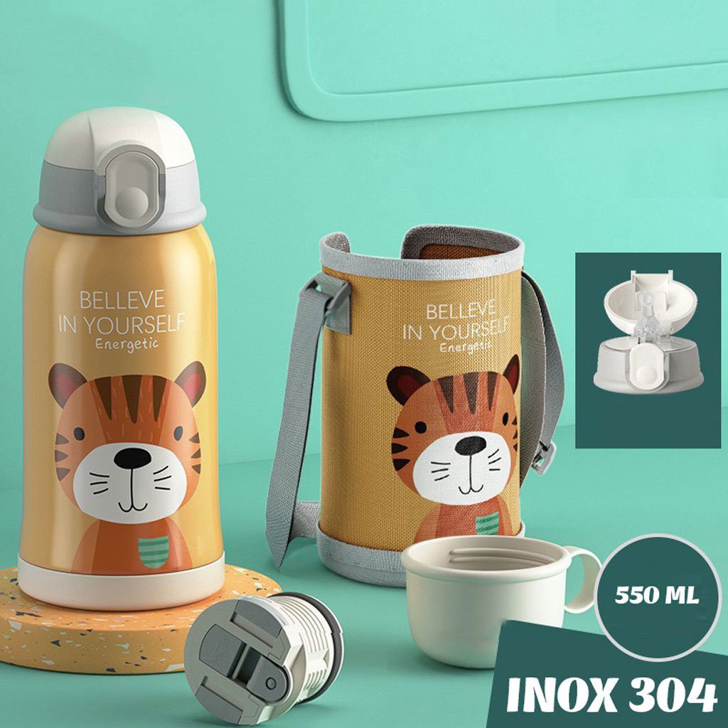 [HÀNG CHÍNH HÃNG] Bình giữ nhiệt inox 304 cho bé dung tích 550 ml có túi đeo và ống hút