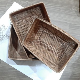 Bộ 3 rổ mây chữ nhật có tách lẻ set Phong Cách Vintage Boho, Hàng Việt Nam, Đựng sách, Trái Cây Hoa Quả, Xinh Xắn