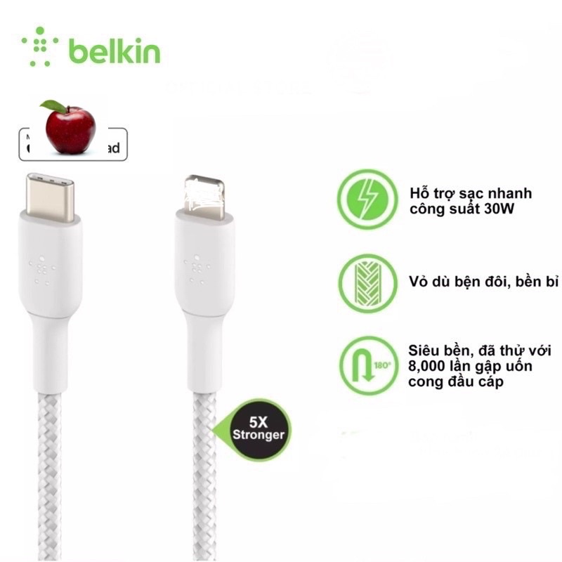 Cáp Belkin Type C to L PD 3.0 Bọc Dù dài 1m và 1.5m Belkin BOOSTCHARGE 30W(No Box)