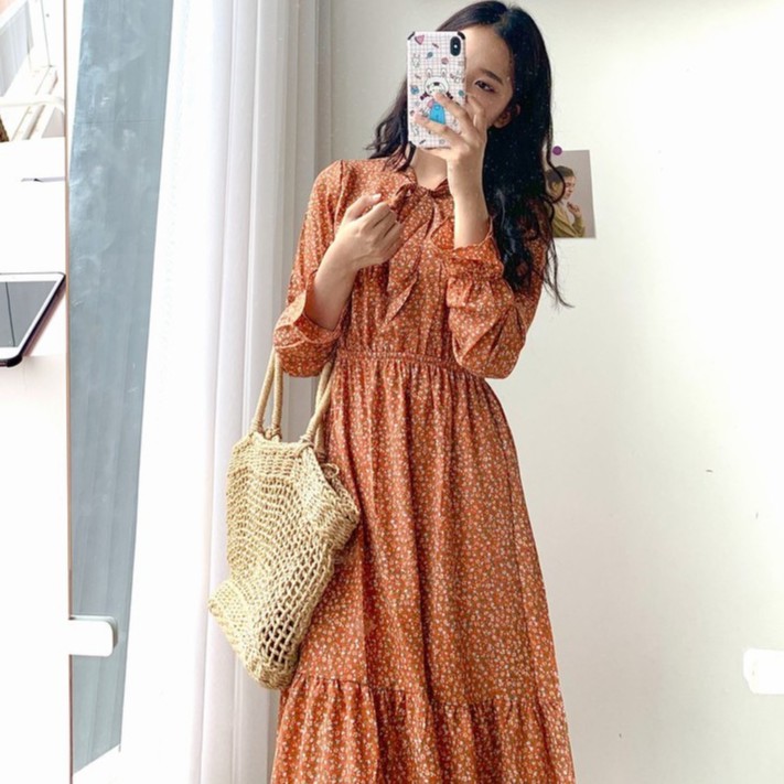 Váy hoa nhí vintage cổ nơ - Đầm hoa vintage Quảng Châu - Dorita Boutique