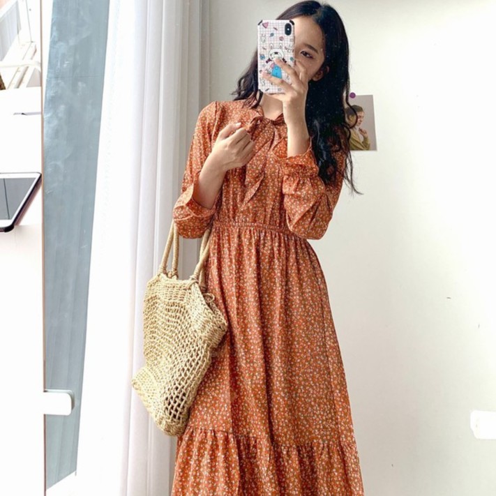 [Mã FAGET5K giảm 5K đơn 0đ] Váy hoa nhí vintage cổ nơ - Đầm hoa vintage Quảng Châu - Dorita Boutique