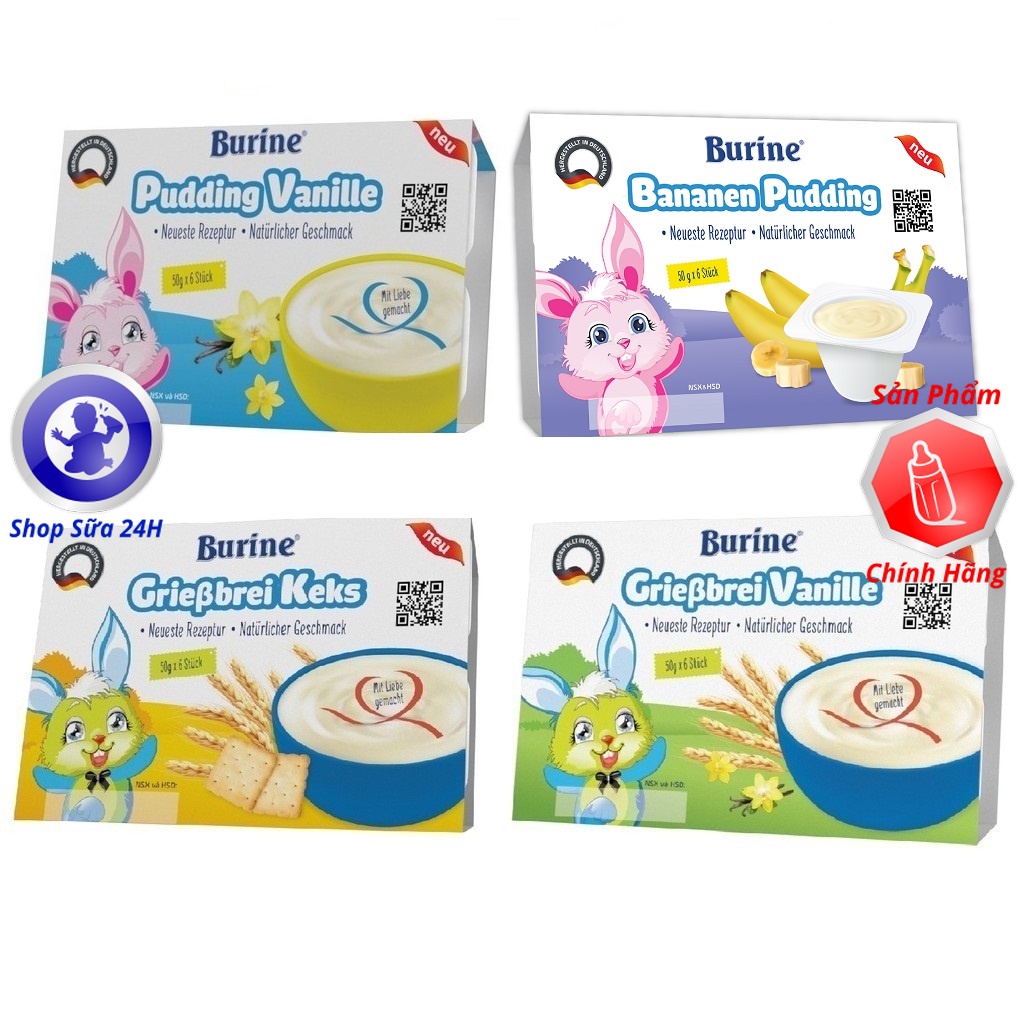 Cháo Sữa Burine Đủ Vị Pudding Vani, Pudding Chuối, Bích Quy, Vani Lốc 6 Hộp x 50g