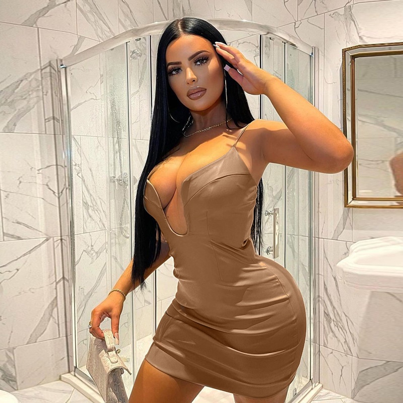 Đầm Da PU Cổ Chữ V Dáng Ôm Quyến Rũ Thời Trang Cho Nữ