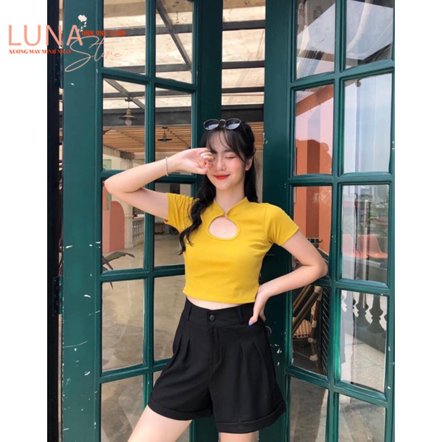 Quần short đen gập gấu ống rộng cạp lưng cao - Dáng quần short vải ngắn ôm eo cao cấp - Có túi khóa cúc - Mặc đi biển