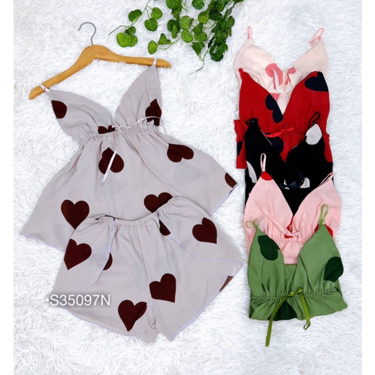 Set bộ đùi lụa Tim chun ngực, Đồ bộ ngủ mặc nhà 2 dây họa tiết