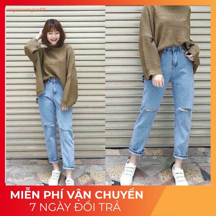 Quần jeans baggy thô rách gối xanh nhạt, quần jean baggy nữ truyền thống JB01