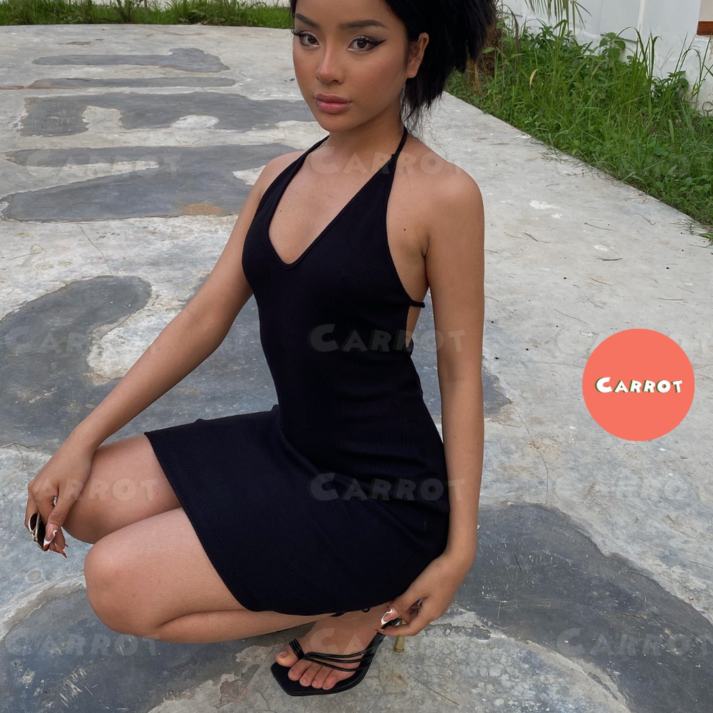 Đầm body sexy hở lưng hở eo váy thiết kế ôm cổ yếm hở vai cột dây quyến rũ sang chảnh màu đen thun gân carrotxinhdep- 56